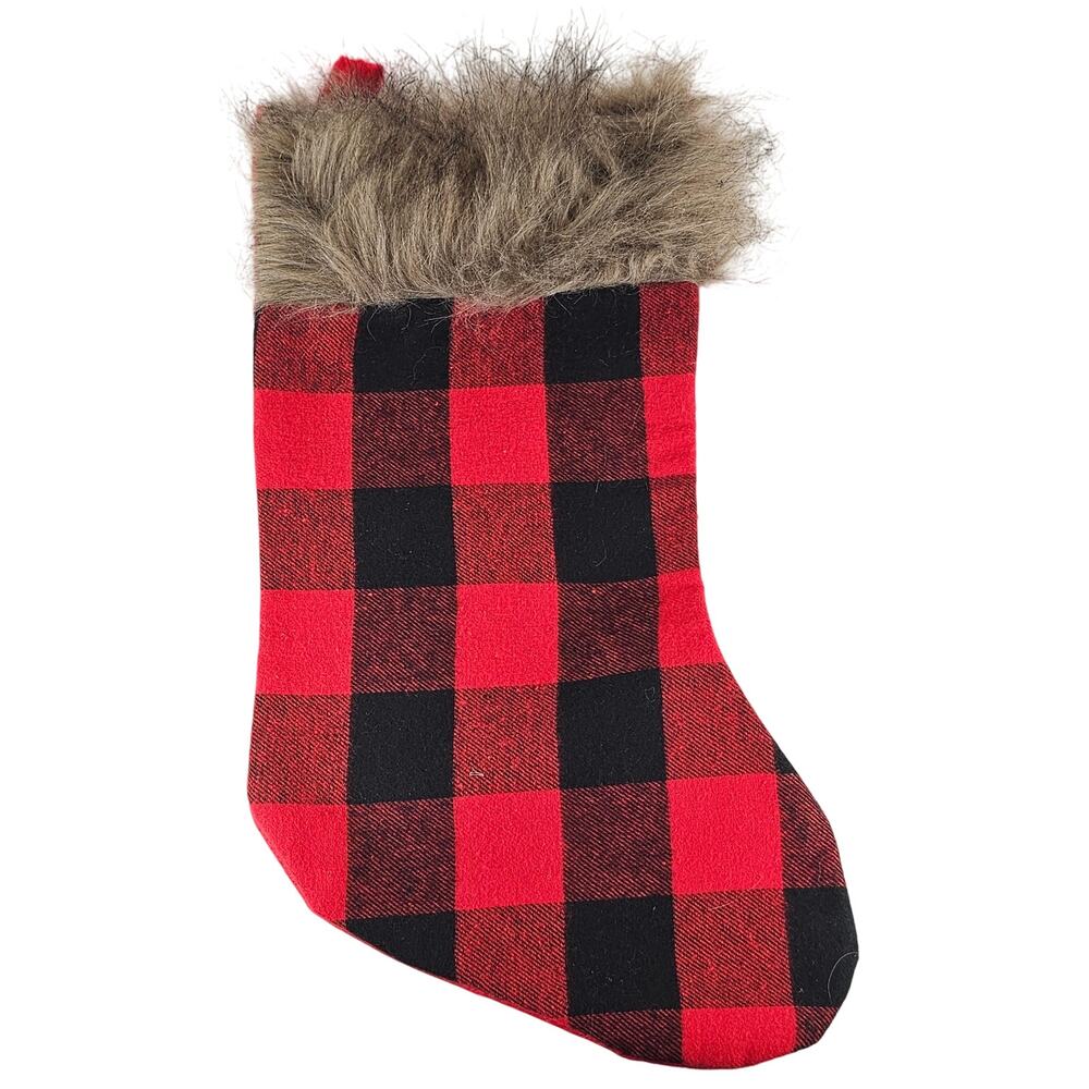 Buffalo Plaid Christmas Stocking Faux Fur Cuff 15" Holiday Decor Red Black